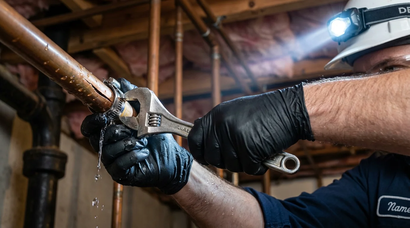 Emergency pipe clamp repair being performed by a Johns Plumbing LLC plumber in Larose