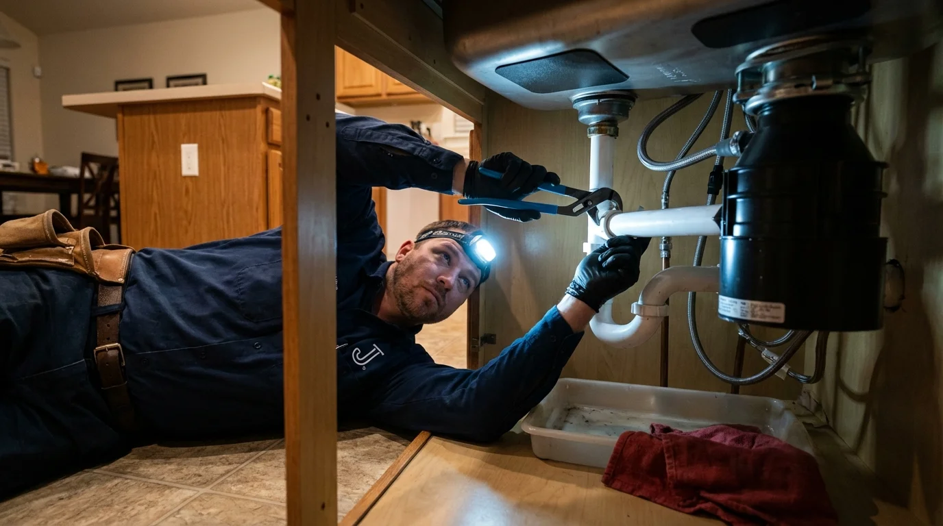 P-trap and supply line connections under a kitchen sink showing a common leak point in Larose, LA